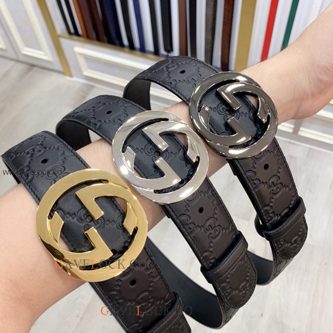 Gucci Classic Men's Leather Belt Brass GG Buckle w Box